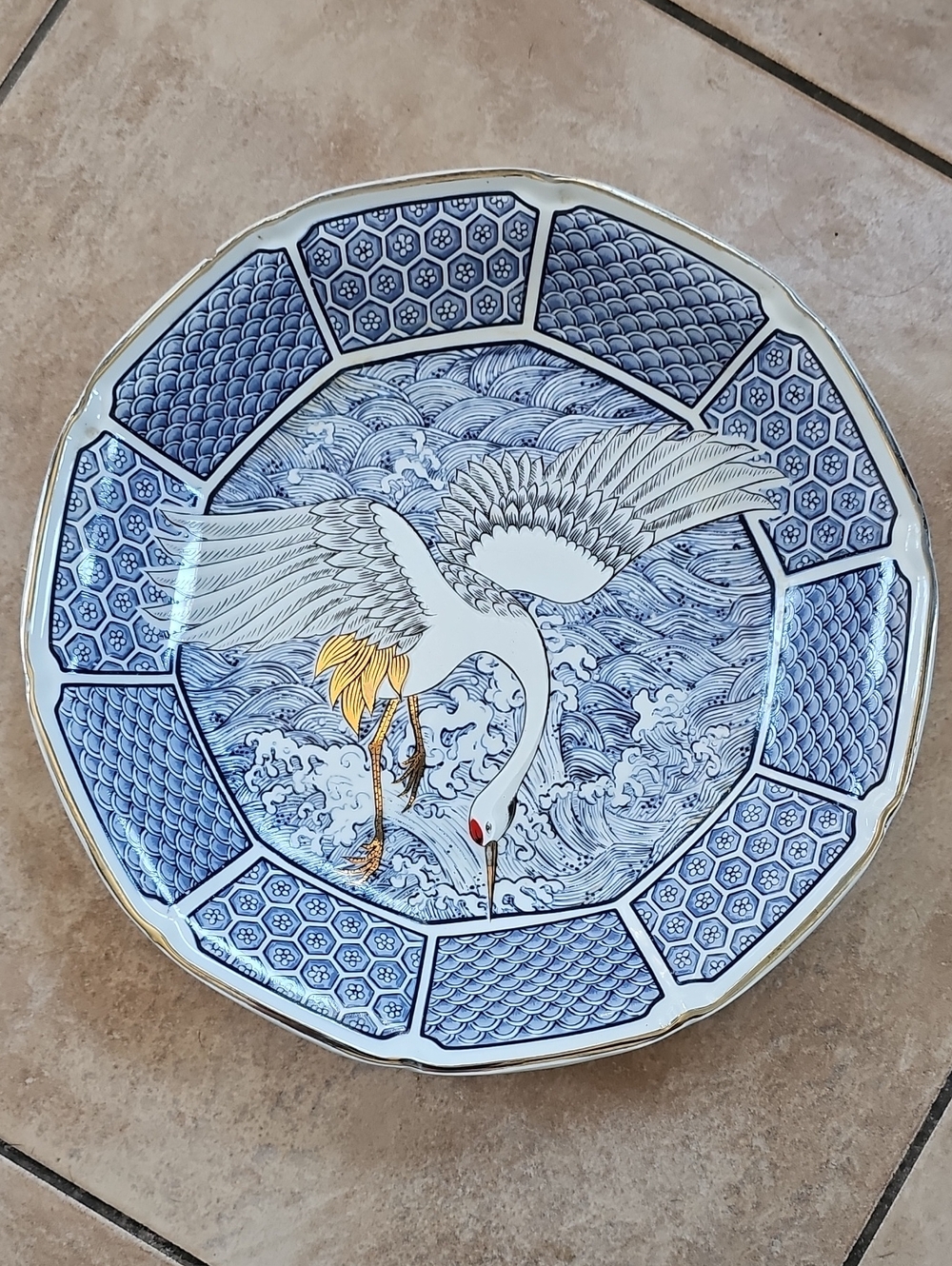 Saruzume Inohira-Gama Blue Crane Ceramic Plate